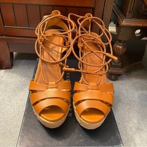Ralph Lauren Collection strappy wedge-size 9 in cognac color